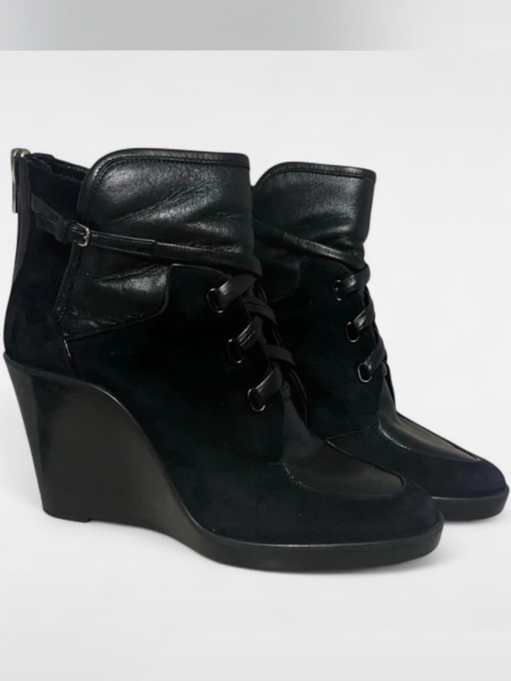 Salvatore Ferragamo Black Leather & Suede Wedge Ankle Boots